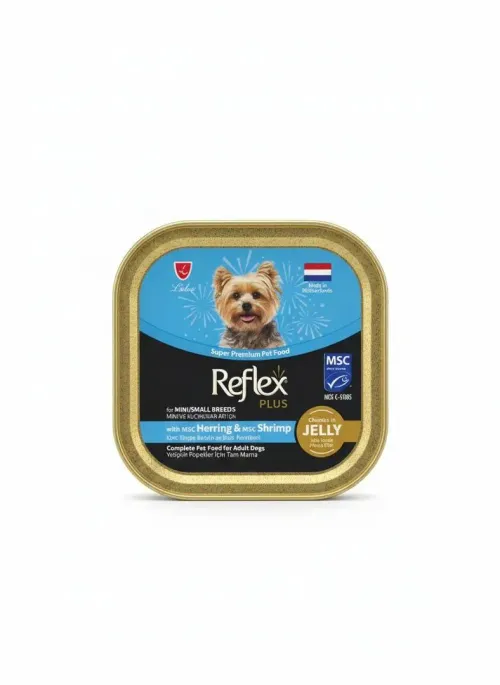 کنسرو (ووم) سگ رفلکس پلاس (Reflex Plus) با طعم شاه ماهی و میگو برای نژاد کوچک - ۱۰۰ گرمی
